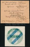 1933 Közúti adóbélyeg jóváhagyó minta kísérő levéllel