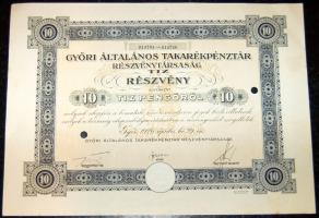 1926. "Győri Általános Takarékpénztár" részvénye 10P-ről