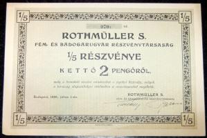 1938. "Rothmüller S. Fém- és Bádogárugyár Részvénytársaság" 1/5 részvénye 2P-ről, szelvényekkel