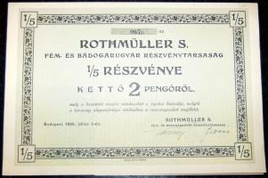 1938. "Rothmüller S. Fém- és Bádogárugyár Részvénytársaság" 1/5 részvénye 2P-ről, szelvényekkel