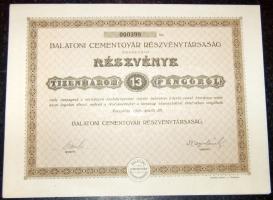 1926. "Balatoni Cementgyár Részvénytársaság" részvénye 13P-ről, szelvényekkel