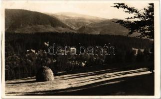 1942 Borszék, Borsec; látkép, nyaralók. Heiter György udvari fényképész felvétele és kiadása / general view, villas (gyűrődés / crease)