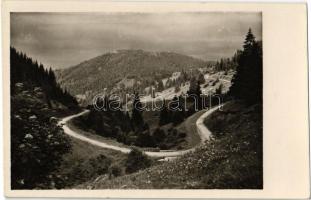 Gyergyószentmiklós, Gheorgheni; Gyilkostói út. Szász István kiadása. Vákár László felvétele / serpentine to the holiday resort