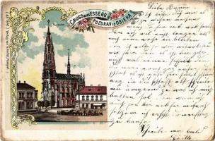 1899 Eszék, Ojisek, Esseg; Pfarrkirche / church / templom. G. Knittel No. 1641. Art Nouveau, floral, litho (EK)