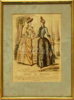 cca 1880 Női divat színezet metszet 30x40cm keretben