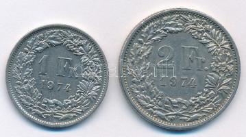 Svájc 1974. 1Fr Cu-Ni + 2Fr Cu-Ni T:1,1- Switzerland 1974. 1 Franc Cu-Ni + 2 Francs Cu-Ni C:UNC,AU Krause KM#24a.1, KM#21a.1