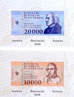 Sopron 2010. 500 Kékfrank + 1000 Kékfrank + 2000 Kékfrank + 5000 Kékfrank + 10.000 Kékfrank + 20.000 Kékfrank mind azonos 000276 sorszámmal, de eltérő sorozatjellel, teljes sor, minden bankjegy az eredeti díszcsomagolásában T:I