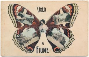 1906 Fiume, Rijeka; Volo a Fiume, Castua, Porto, Corso, Teatro Comunale / Montázs üdvözlet pillangóhölggyel / Greetings. Montage with butterfly lady (fl)