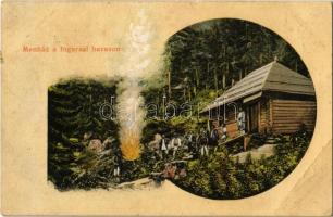 1911 Fogarasi-havasok, Siebenbürgische Karpathen, Muntii Fagarasului; menház, tábortűz. Thierfeld Dávid kiadása / rest house, camp fire (EB)