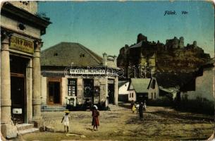 1914 Fülek, Filakovo; vár, utca, Wohl Manó vasáruraktára, Edelstein Jenő üzlete / castle, street, shops  (EB)