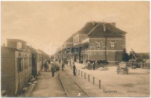 1909 Károlyváros, Karlovac; Kolodvor / Bahnhof / Vasútállomás, vasutasok, vonat, építkezés / railway station, railwaymen, train, construction