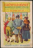 1930 Grünfeld József húsvéti előny italárjegyzéke, színes, litografált, illusztrált borítóval, és színes, litografált illusztrációkkal, reklámokkal. Bp., Magyar Földrajti Intézet Rt.-ny., 8 sztl. lev., 11x7 cm. Ritka!