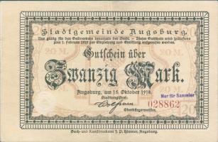 Német Birodalom/Weimari Köztársaság/Augsburg 1918. 20M hivatalos érvénytelenítéssel T:II