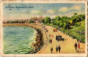 1930 Constanta, Bulevardul si parcul / boulevard, shore, park, automobile, artist signed