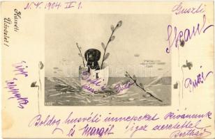 1904 Húsvéti üdvözlet! / Easter greeting with Dachshund dog. Floral s: Lorenzo (EK)