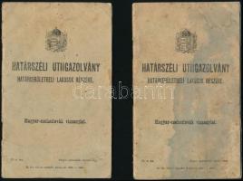 1928, 1930 2 db határszéli úti igazolvány magyar-csehszlovák viszonylatban Kövér Anna és Kövér Mihály csesztvei lakosok részére, Balassagyarmaton kiállítva, az eredeti fénykép mindkét igazolványból hiányzik, de a férfi fénykép át van ragasztva a női igazolványba