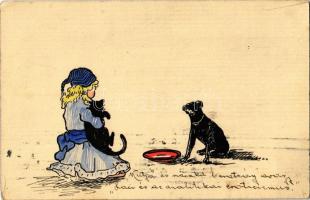 1921 Young girl with cat and dog. hand-drawn art postcard