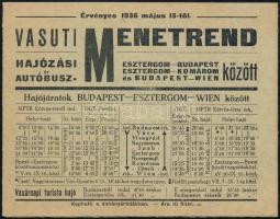 1936 Kihajtható vasúti, hajózási és autóbusz menetrend Esztergom-Budapest, Esztergom-Komárom és Budapest-Bécs(Wien) között, esztergomi reklámokkal