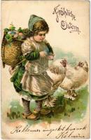 1906 Fröhliche Ostern! / Easter greeting card, girl with eggs and chicken. P.F.B. Serie 5923. Emb. litho (EK)