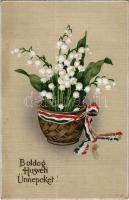 1915 Boldog Húsvéti Ünnepeket! / patriotic Easter greeting card, Hungarian flag, flowers. Emb. litho (EK)