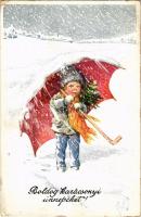 1916 Boldog Karácsonyi Ünnepeket! / Christmas greeting card, child in the snow. B.K.W.I. 3107-4. s: K. Feiertag (EK)