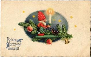 Boldog Karácsonyi Ünnepeket! / Christmas greeting card, dwarf with candle. B.N.K. No. 2125.
