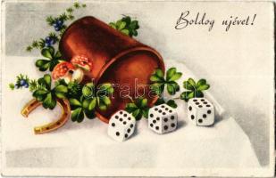 1942 Boldog Újévet! / New Year greeting card, horseshoe, clovers, dice