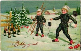 1935 Boldog Újévet! / New Year greeting card, chimney sweepers with champagne and mushrooms. Amag 2908. litho (EK)