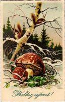 1941 Boldog Újévet! / New Year greeting card, mushroom, clover, squirrels