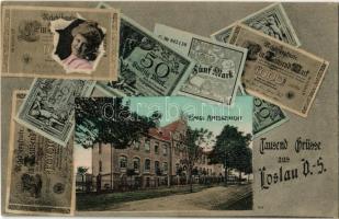 1907 Wodzislaw Slaski, Loslau; Königl. Amtsgericht / district court. Montage with banknotes