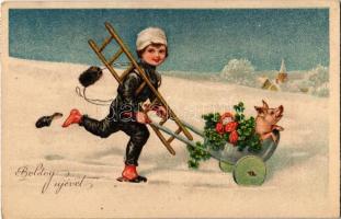 1945 Boldog Újévet! / New Year greeting card, chimney sweeper with pig, ladder, mushroom and clover. Z.D.B. 4697.