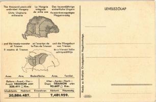 Trianon. Hátoldalon "Az ezeréves egységes Magyarország és a tiranoni béke szörnyszülöttje"...