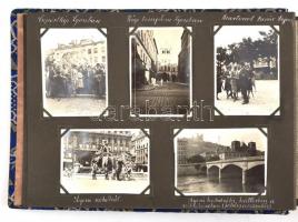 cca 1930 Fotóalbum különféle képekkel, utazásokról, Heidelberg, Lyon, Vezseny, összesen 137 db, különböző méretű fotókkal, 8,4x6 cm-től 6,5x9 cm-ig, két oldal hiányzik, album mérete: 20x30 cm