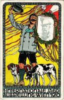 1910 Wien, Erste Internationale Jagdausstellung / The First International Hunting Exposition in Vienna. Hunting dogs with portrait of Franz Joseph. Advertisement art postcard s: Erwin Puchinger (Rb)