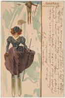 1900 Jégvirágok VII. / Frostwork, skiing lady, unisgned Raphael Kirchner art postcard, Kosmos litho (Rb)