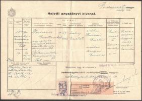 1947 Budapesti halotti anyakönyvi kivonat 3Ft okmánybélyeggel és városi illeték szükségvignettával