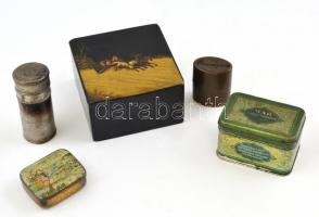 Régi fém és fa dobozok 4+1 db, különböző méretekben, 5,5x4,5 cm-től 6x10,5 cm-ig, enyhén sérült állapotban