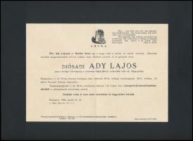 1940 Bp., diósadi Ady Lajos (1881-1940) ny. tanügyi főtanácsos, a Debreceni Középiskolai Tankerület volt kir. főigazgatójának, Ady Endre testvérének gyászjelentése.
