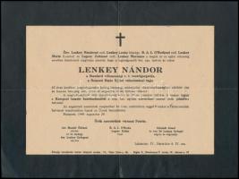 1949 Bp., Lenkey Nándor a Standard Villamossági Rt. vezérigazgatójának és a Nemzeti Hajós Egylet választmányi tagjának gyászjelentése.