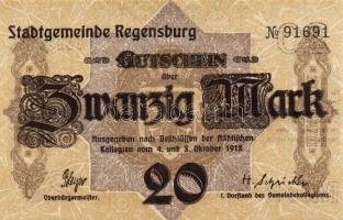 Német Birodalom/Weimari Köztársaság/Regensburg 1918. 20M hivatalos érvénytelenítéssel T:I