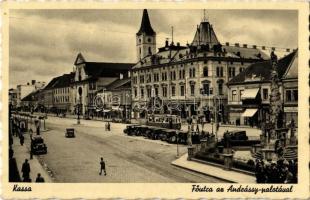 Kassa, Kosice; Fő utca, Andrássy palota, villamos, automobilok, drogéria / main street, palace, tram, automobiles, drogerie