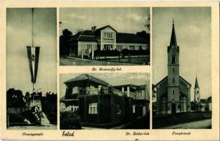 Feled, Veladin, Jesenské; Országzászló, templomok, Dr. Zádor és Dr. Dessewffy lak. Özv. Telek ferencné kiadása / Hungarian flag, churches, villas (castles)