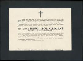 1934 Bp., özv. altorjai Báró Apor Gáborné szül. Erdődi Pálffy Fidéle (1862-1934) grófnő gyászjelentése.