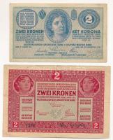 1914. 2K + 1917. 2K, mindkettő hamis Budapest Vidéki M. Kir. Pénzügyigazgatóság felülbélyegzéssel (fake overprint) T:III kis szakadás