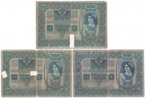 1902. 1000K (3x), kettő hamis piros "MAGYARORSZÁG" körbélyegzővel (fake overprint) T:III-,...