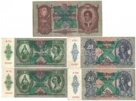 1932. 50P + 1936. 10P (2x) + 1941. 20P (2x), mind zöld színű, hamis nyilaskeresztes felülbélyegzéssel (fake overprint) T:III