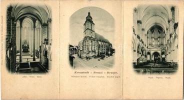 Brassó, Kronstadt, Brasov; Fekete templom, oltár és orgona, belső. Három részes kinyitható képeslap / Biserica negra / church interior, altar and organ. 3-tiled folding postcard