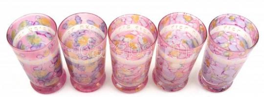 5 db héber feliratos festett üvegpohár, kis kopásnyomokkal, m: 12,5 cm