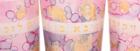 5 db héber feliratos festett üvegpohár, kis kopásnyomokkal, m: 12,5 cm