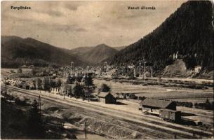 1914 Fenyőháza, Lubochna; vasútállomás, vagonok / Bahnhof / railway station, wagons (ázott / wet damage)